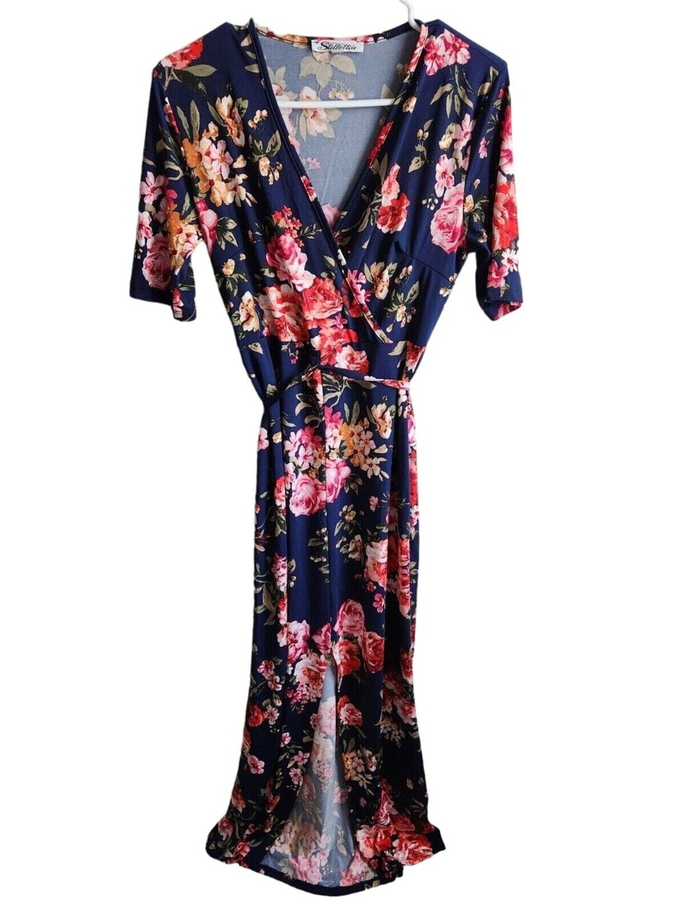 Stillettos Womens Sz L Short Sleeve Maxi Dress w/ Slit Blur Pink Floral